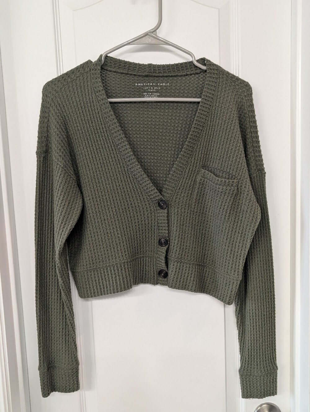 American Eagle Outfitters Olive Green Waffle-Knit Cropped Cardigan